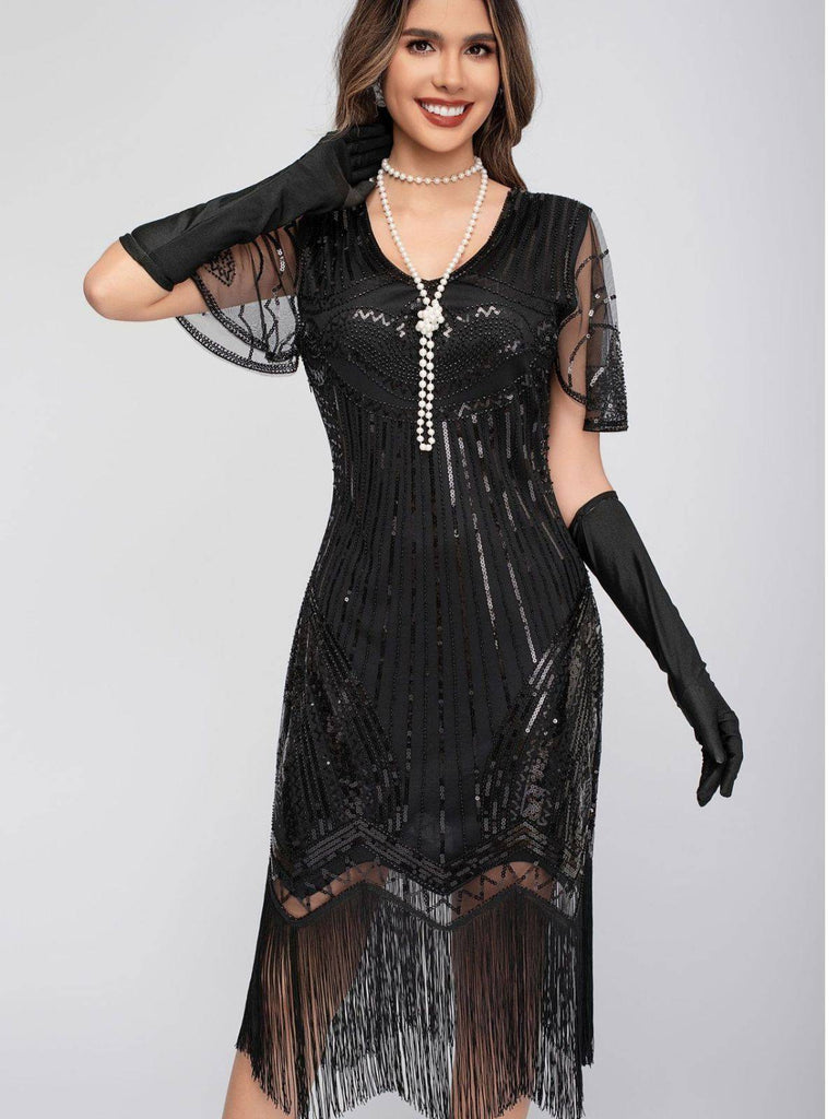 1920er Rundhalsausschnitt Pailletten Tassels Charleston Kleid