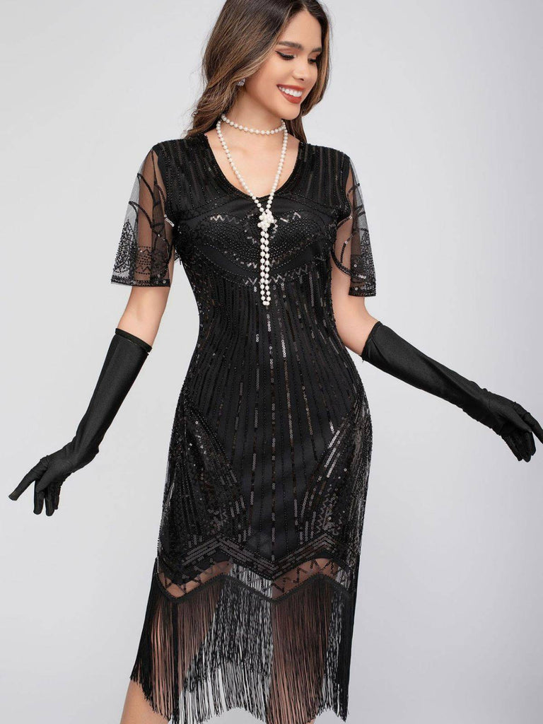 1920er Rundhalsausschnitt Pailletten Tassels Charleston Kleid