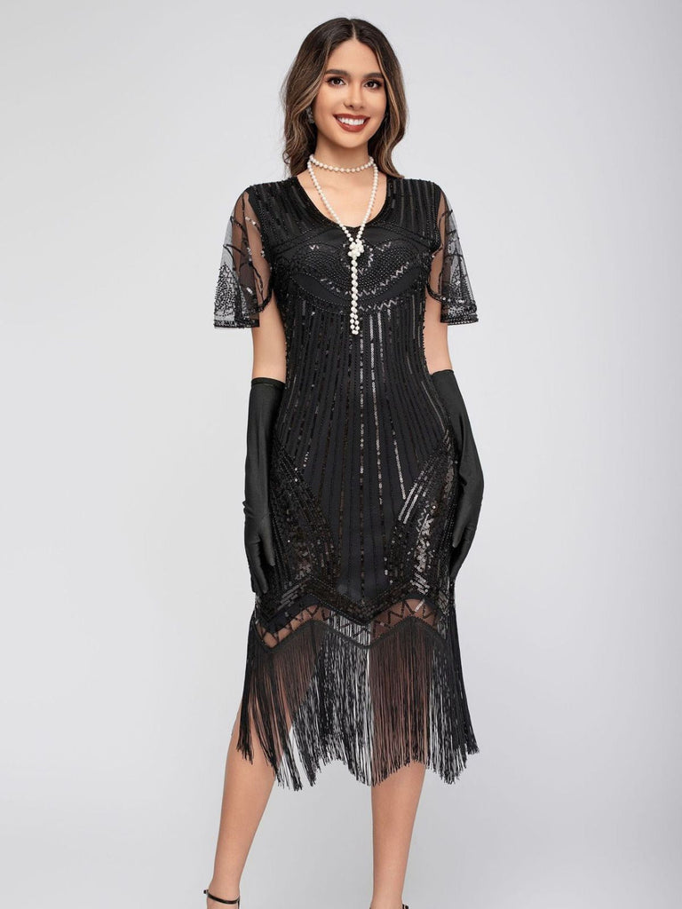 1920er Rundhalsausschnitt Pailletten Tassels Charleston Kleid