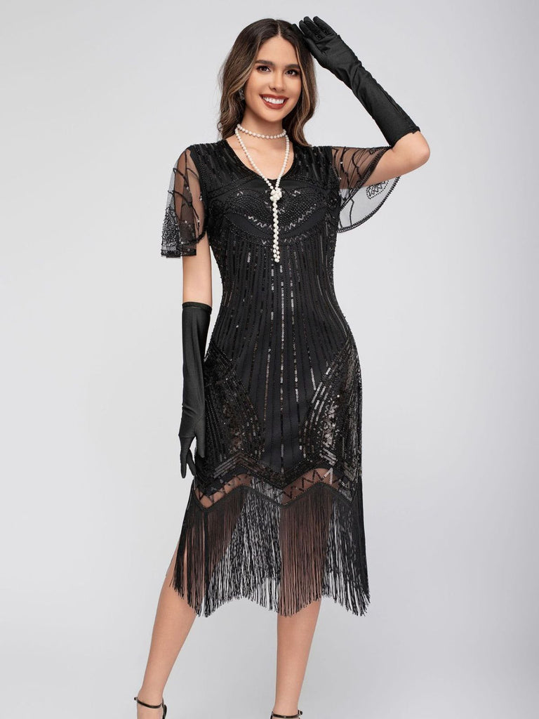 1920er Rundhalsausschnitt Pailletten Tassels Charleston Kleid