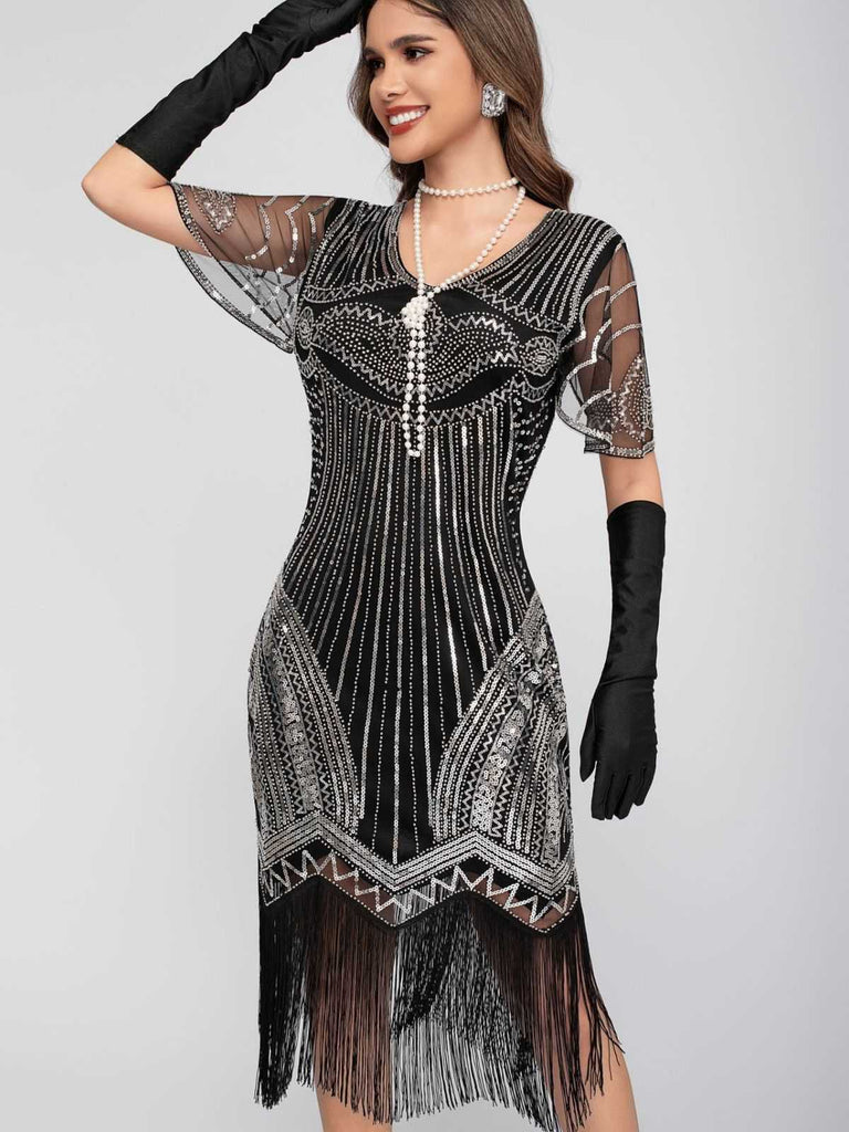 1920er Rundhalsausschnitt Pailletten Tassels Charleston Kleid