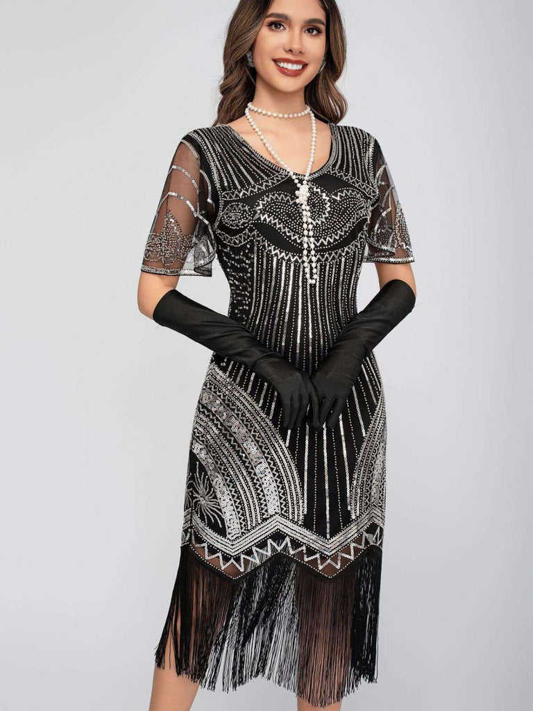 1920er Rundhalsausschnitt Pailletten Tassels Charleston Kleid