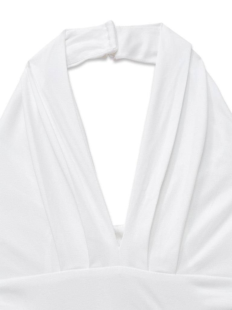 1970er Tief-V-Ausschnitt Solide Super Weitbein Jumpsuit