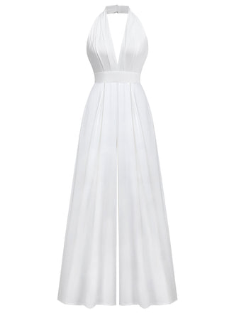 1970er Tief-V-Ausschnitt Solide Super Weitbein Jumpsuit