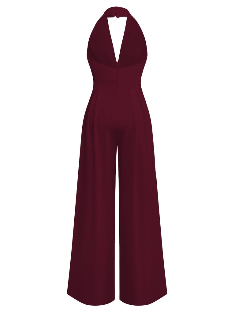1970er Tief-V-Ausschnitt Solide Super Weitbein Jumpsuit
