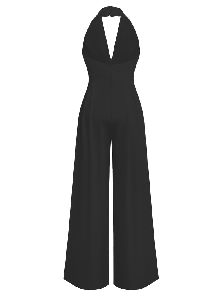 1970er Tief-V-Ausschnitt Solide Super Weitbein Jumpsuit