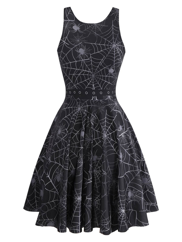 Schwarz 1950er Halloween Spinnennetz Ärmellos Kleid