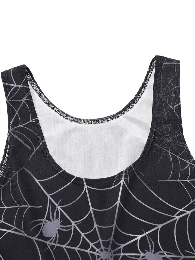 Schwarz 1950er Halloween Spinnennetz Ärmellos Kleid