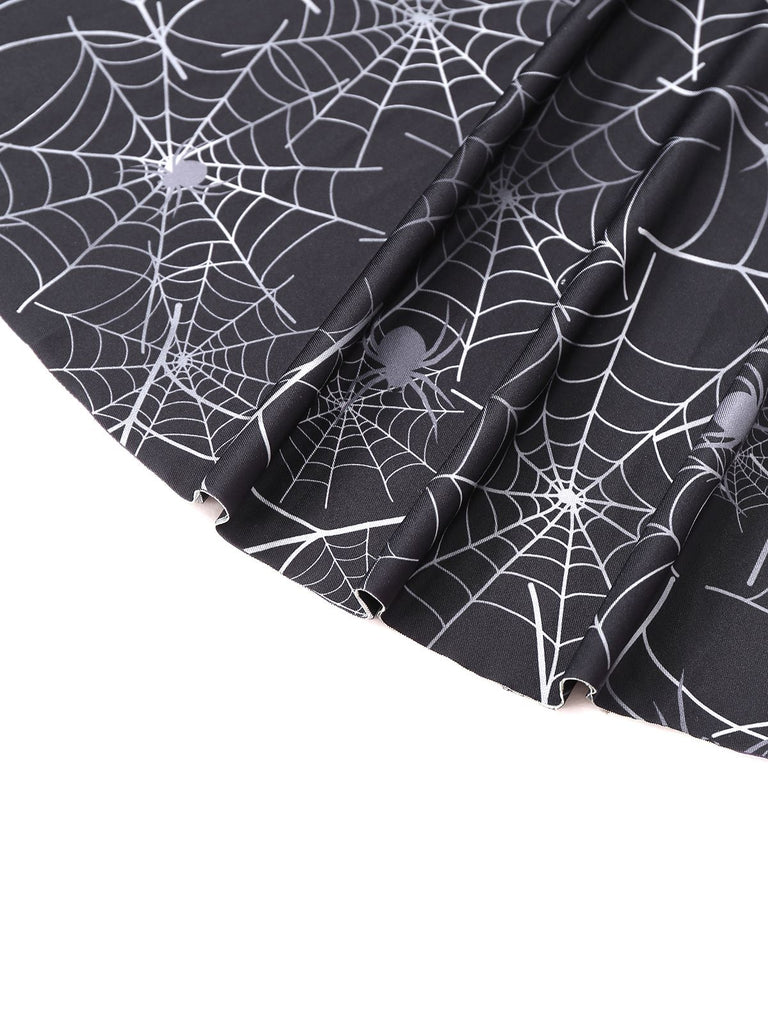 Schwarz 1950er Halloween Spinnennetz Ärmellos Kleid