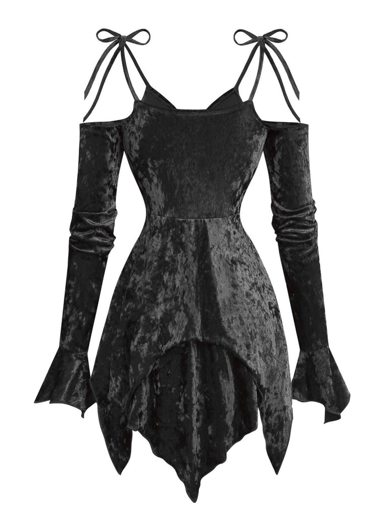 1960er Samt Fledermausärmel Irregulär Saum Kleid