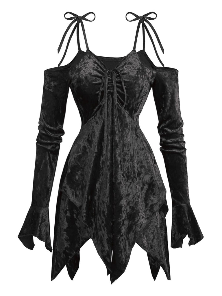 1960er Samt Fledermausärmel Irregulär Saum Kleid