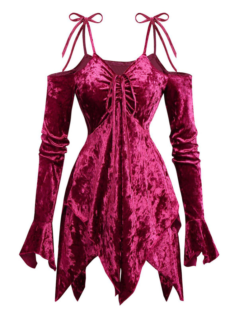 1960er Samt Fledermausärmel Irregulär Saum Kleid