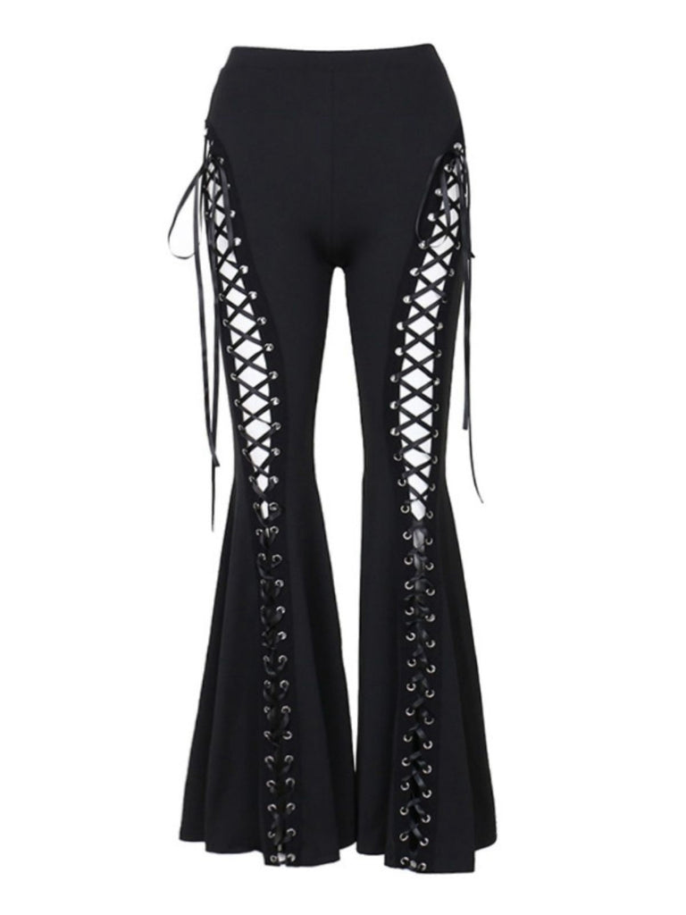 Schwarz 1980er Punk Kordelzug Geschnürt Bootcut Hose