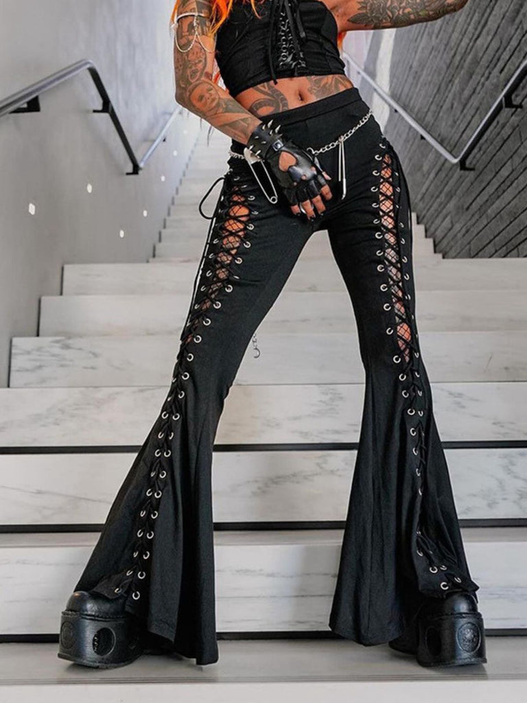 Schwarz 1980er Punk Kordelzug Geschnürt Bootcut Hose