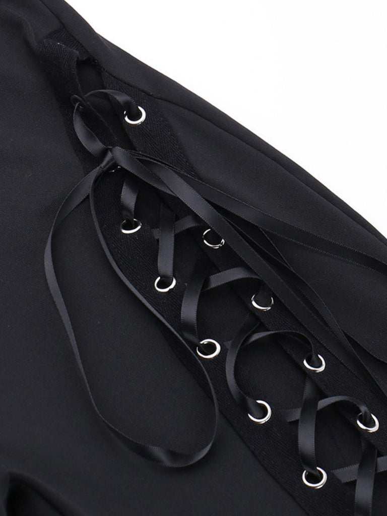 Schwarz 1980er Punk Kordelzug Geschnürt Bootcut Hose