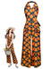 Orange 1970er Halter Geometrischer Druck Jumpsuit