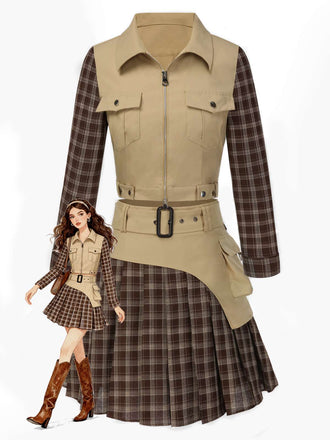 [Vorverkauf] 2PCS Khaki 1960er Plaid Patchwork Jacke & Plissiertes Rock