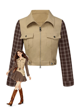 [Vorverkauf] Khaki 1960er Revers Tartan Plaids Reißverschluss Jacke