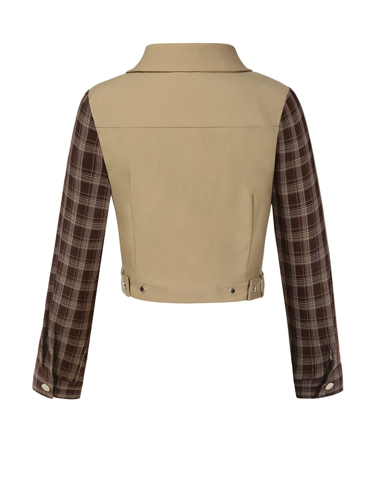 [Vorverkauf] Khaki 1960er Revers Tartan Plaids Reißverschluss Jacke