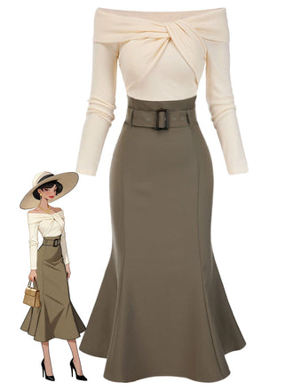 Khaki 1930er Schulterfrei Stricken Gürtel Meerjungfrauenkleid