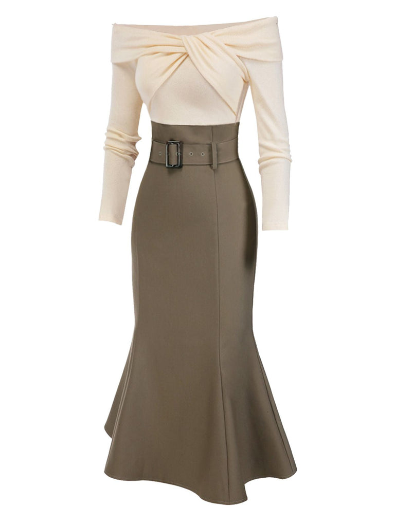 Khaki 1930er Schulterfrei Stricken Gürtel Meerjungfrauenkleid