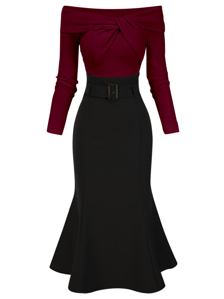 Khaki 1930er Schulterfrei Stricken Gürtel Meerjungfrauenkleid