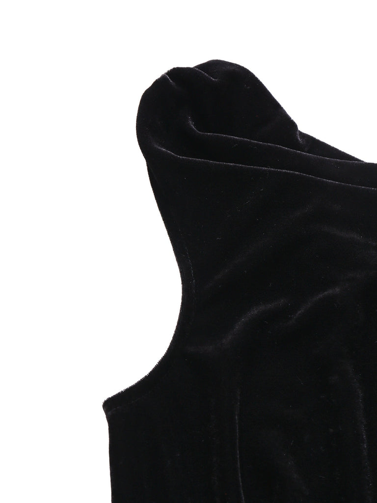 Schwarz 1930er Samt Wasserfallausschnitt Federbrosche Kleid