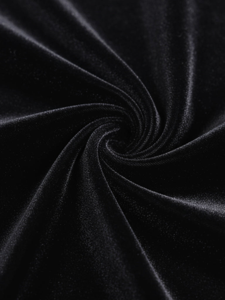 Schwarz 1930er Samt Wasserfallausschnitt Federbrosche Kleid