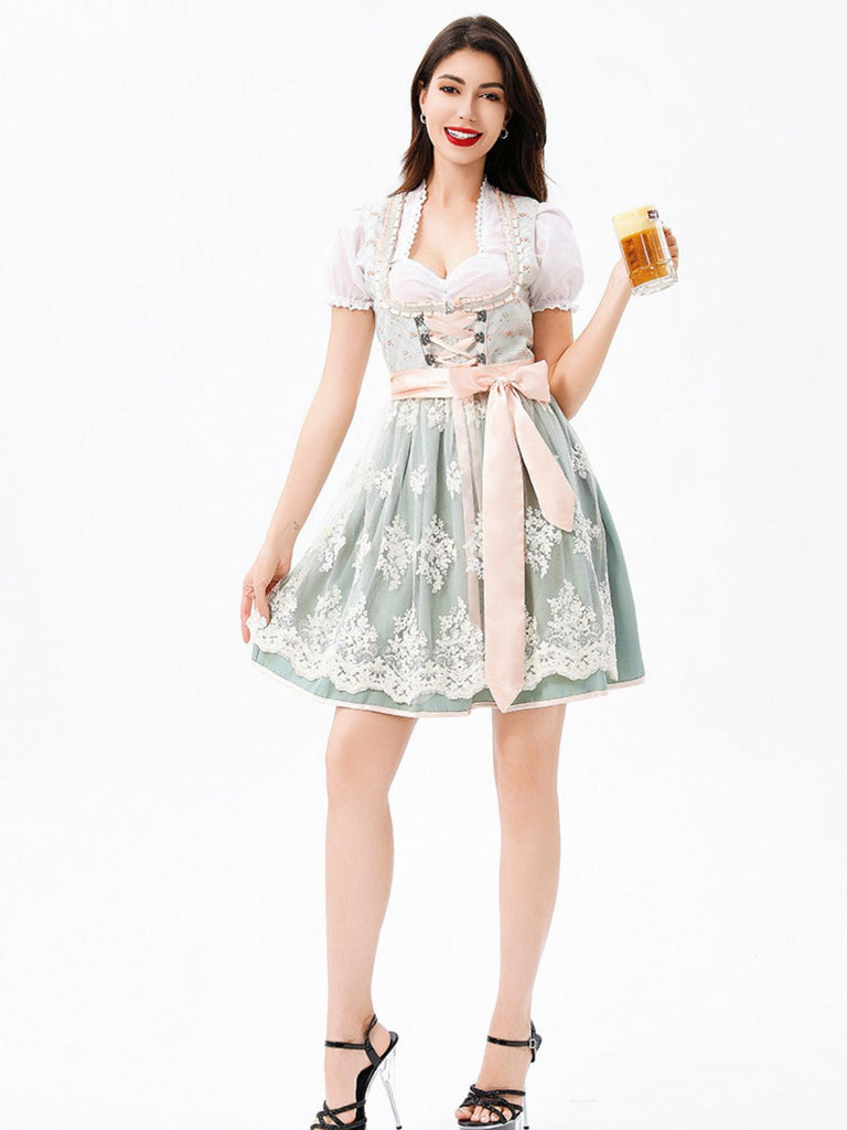 3PCS Grün 1950er Oktoberfest Top & Quadratischer Hals Blumen Kleid