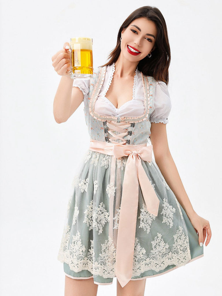 3PCS Grün 1950er Oktoberfest Top & Quadratischer Hals Blumen Kleid