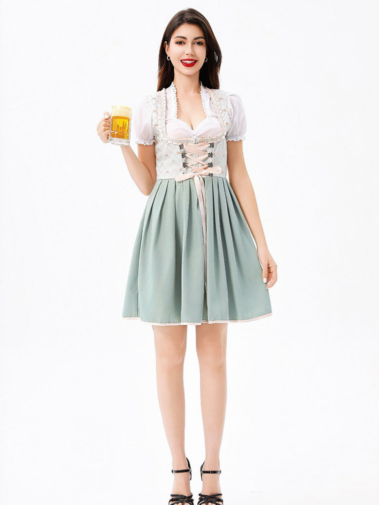 3PCS Grün 1950er Oktoberfest Top & Quadratischer Hals Blumen Kleid