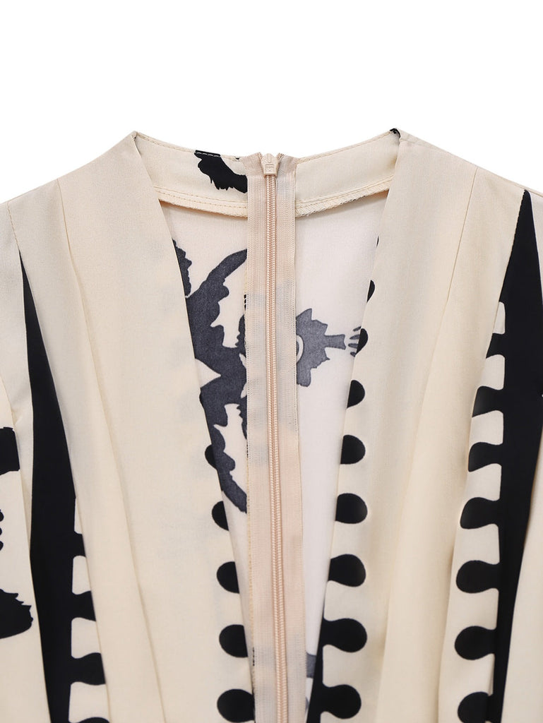 Beige 1970er Tief V-Ausschnitt Ethnisch Drucken Jumpsuit