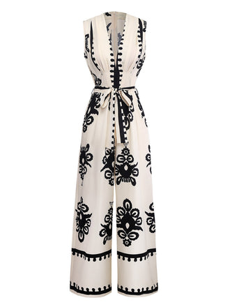 Beige 1970er Tief V-Ausschnitt Ethnisch Drucken Jumpsuit