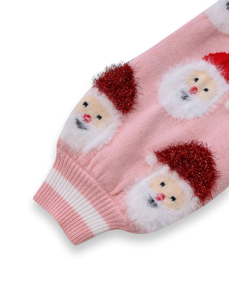 Rosa 1940er Weihnachtsmann Jacquard Strickjacke