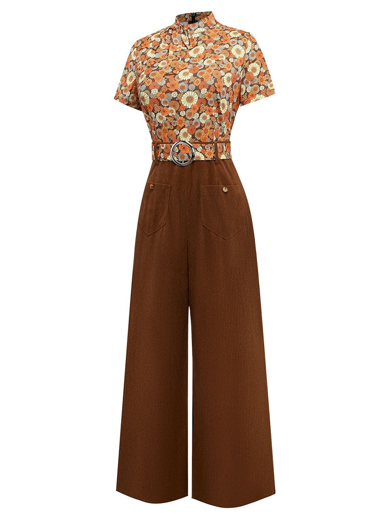 Orange 1970er Gänseblümchen Cord Krawattenhals Jumpsuit