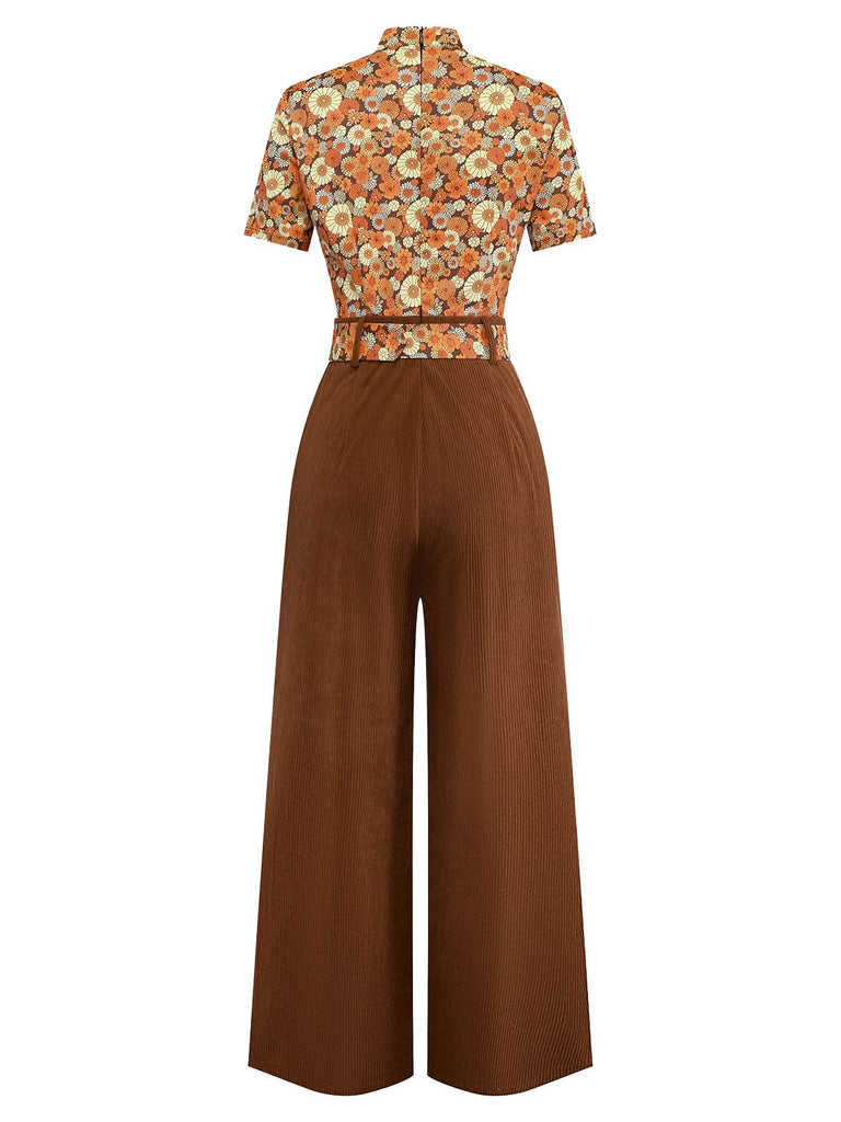 Orange 1970er Gänseblümchen Cord Krawattenhals Jumpsuit