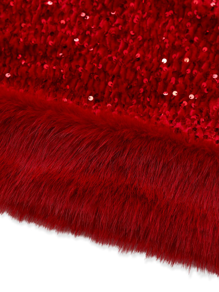 Rot 1970er Samt Pailletten Kunstpelz Trim Trägerlos Kleid