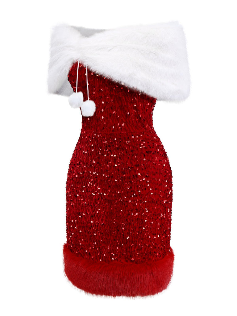 2PCS Rot 1970er Samt Pailletten Kleid & Kunstpelz Schal