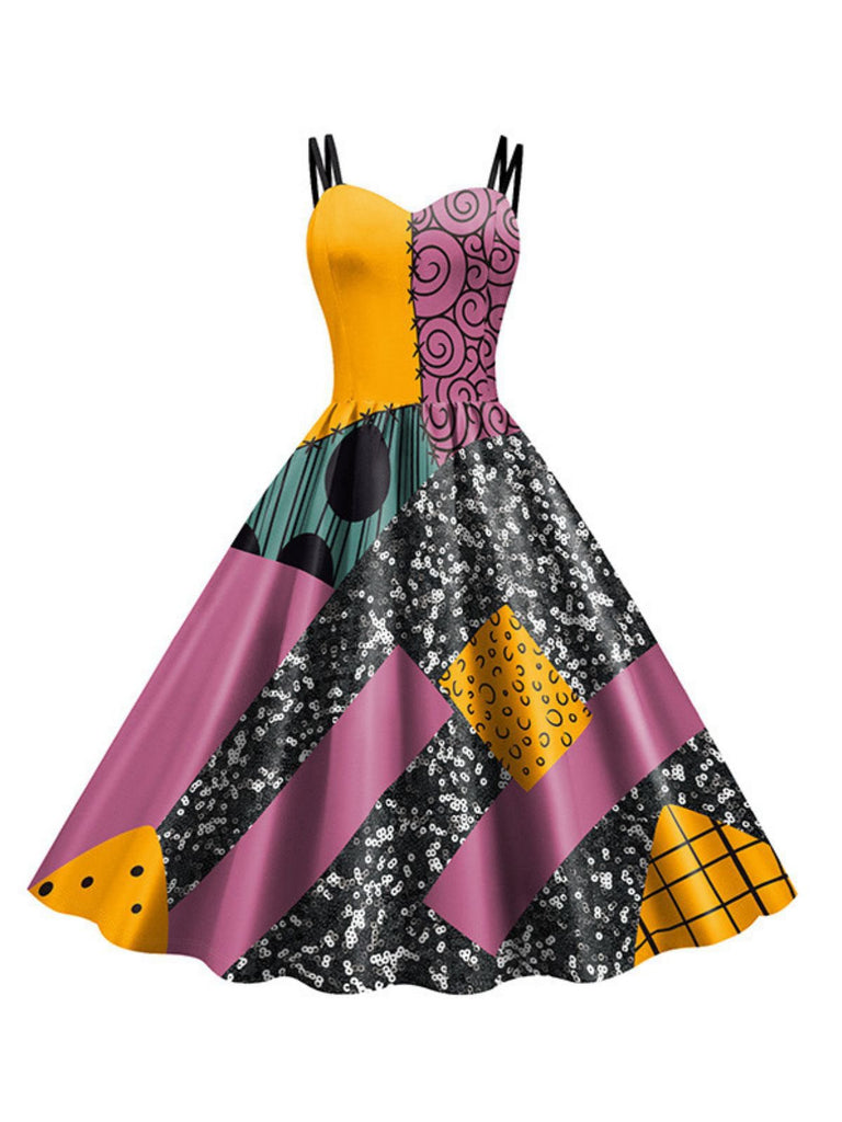Multicolor 1950er Nightmare Before Christmas Sally Farbblock Kleid