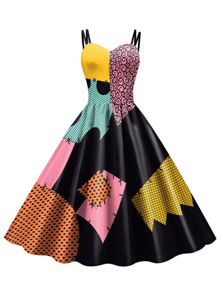 Multicolor 1950er Nightmare Before Christmas Sally Farbblock Kleid