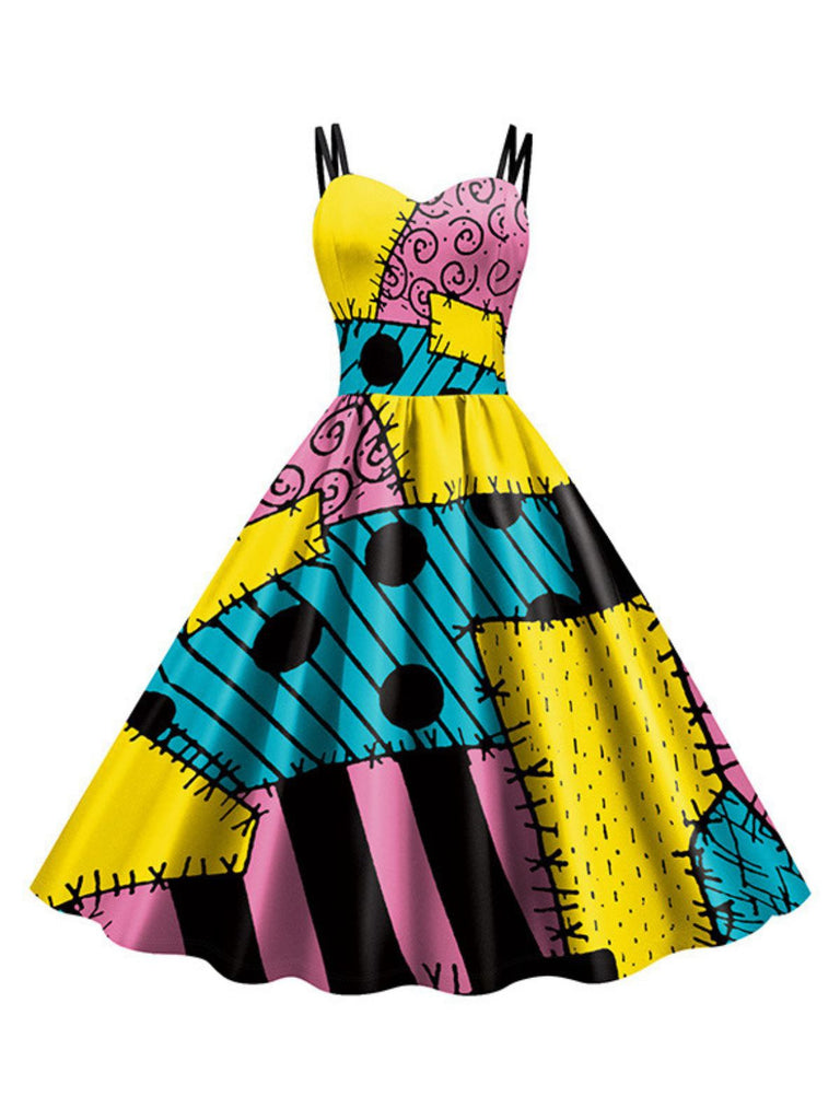 Multicolor 1950er Nightmare Before Christmas Sally Farbblock Kleid