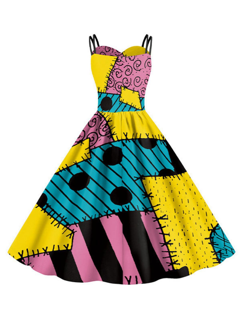 Multicolor 1950er Nightmare Before Christmas Sally Farbblock Kleid