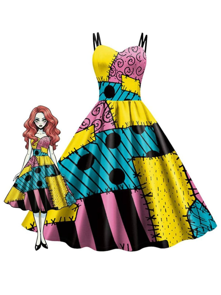 Multicolor 1950er Nightmare Before Christmas Sally Farbblock Kleid