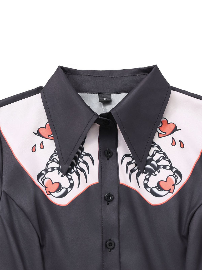 Schwarz 1960er Skorpion Herzen Drucken Hemd Kleid