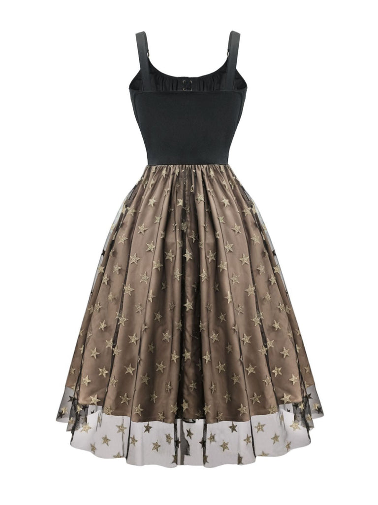 Schwarz 1950er Gold Stern Pailletten Netz Gerüschtes Kleid