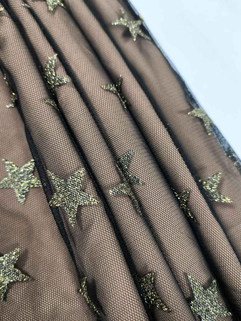 Schwarz 1950er Gold Stern Pailletten Netz Gerüschtes Kleid