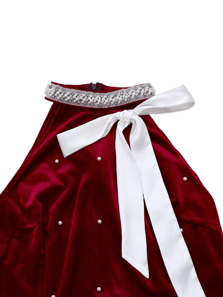 Rot 1960er Weihnachten Perlen Bogen Samt Kleid