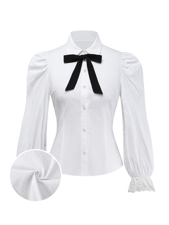 Weiß 1960er Puffärmel Bogen Tie Bluse