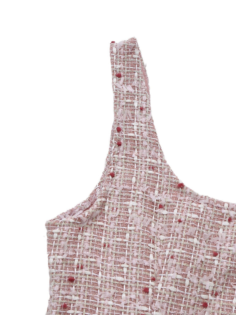 Rosa 1960er Plaid Tweed Mini Schürze Kleid