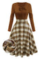 Braun 1950er Krawattenhals Stricken Plaid Kleid